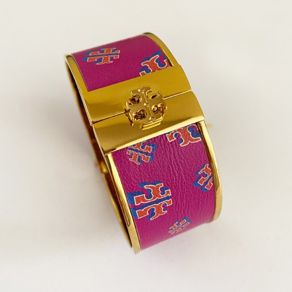 ToryBurch Skinny Leather Pink Gold Cuff Bracelet - Picture 2 of 3